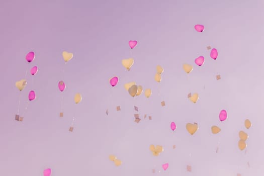 Romantic symbol of future partnership. Group of beautiful heart ballons with congratulations cards at wedding party or valentines day.
