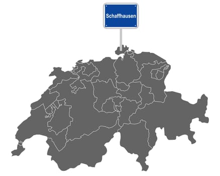 Landkarte der Schweiz mit Ortsschild von Schaffhausen