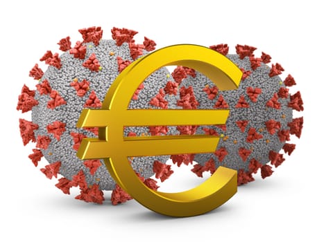 Golden euro sign and coronovirus cells. 3d render.