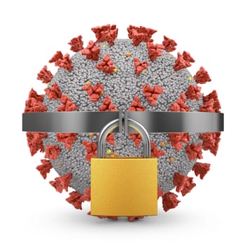 Coronavirus metal padlock on a white background. 3d render.