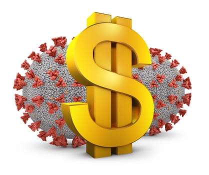 Golden dollar sign and coronovirus cells. 3d render.