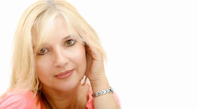 a portrait of mature blond woman isolated on white background