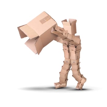 Thinking outside the box concept with a character made from boxes holding a large empty carton.