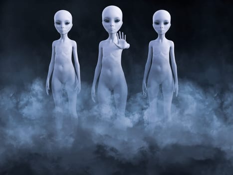 3D rendering of an encounter with three aliens standing in smoke. One of them is holding up its hand like it's greeting you.