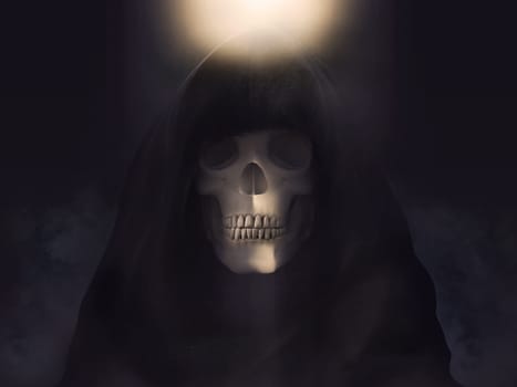 Portrait of the grim reaper or death skeleton dressed in a black hood, 3D rendering. Dark background.