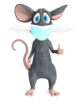 3D rendering of a cute cartoon mouse wearing a face mask and doing a thumbs up. White background.