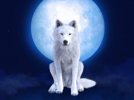 3D rendering of a majestic white wolf sitting in front of a big moon. Stars in the night sky, blue fog on the ground.