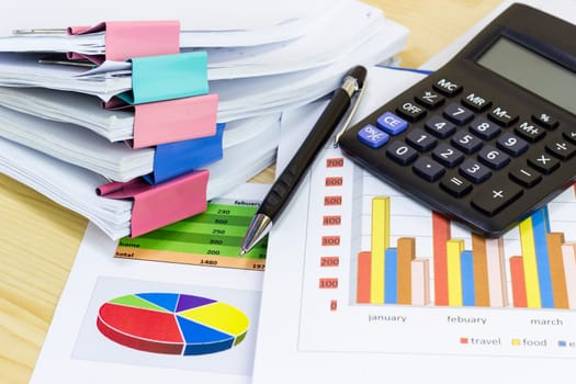 business paper graphs calculator pencil with charts report, concept financial planning, concepts business and cost.
