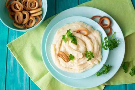 Mashed potato with russian bublik, top view, flat lay