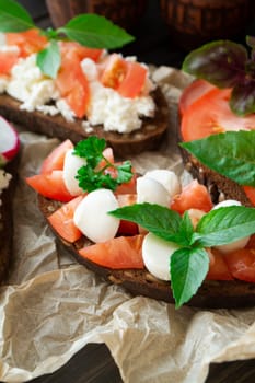 Variety of bruschetta sandwiches. Mix bruschetta with mozarella, tomato, basil. Vertical image