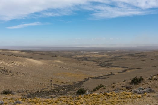 Steppe landscape on the Atlantic Ocean in the province of Chubut, Argentina