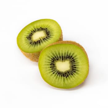 Close-up of a kiwi cut in half. Isolated on a white background. Copy space.