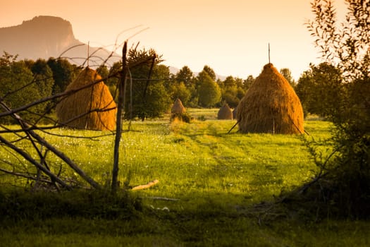 Haystacks at sunset in Maramures the isolated region of Bucovina Romania