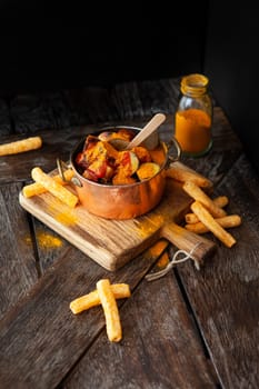 Delicious bratwurst with a spicy tomato curry sauce