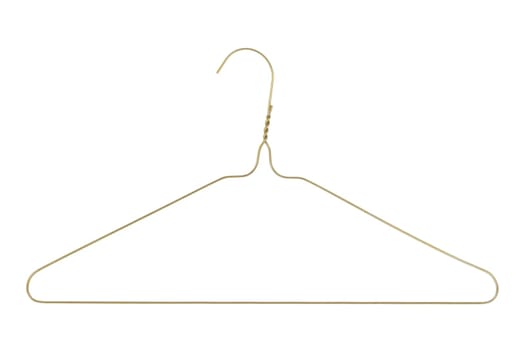Gold colored wire clothes hanger isolated on a white background