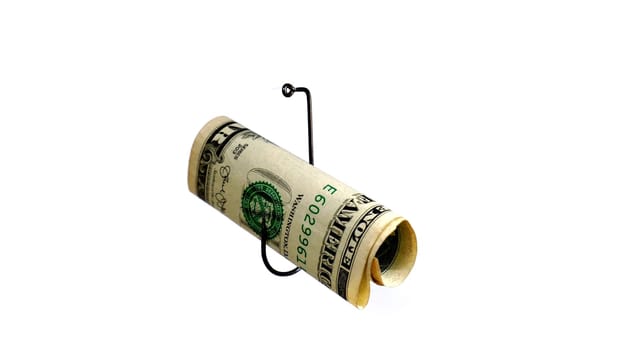 Dollar On A Fishing Hook Isolated On White Background