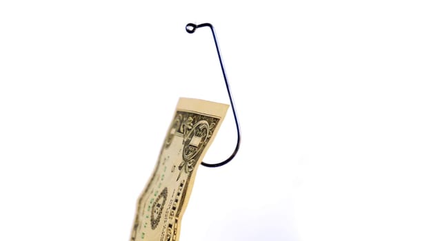 Dollar On A Fishing Hook Isolated On White Background