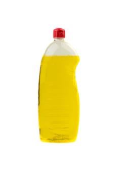 Dishwashing liquid detergent or soap in plastic bottle isolated on white background. Selective focus and copy space concept