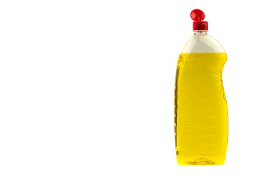 Dishwashing liquid detergent or soap in plastic bottle isolated on white background. Selective focus and copy space concept