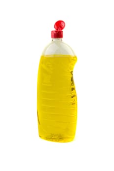 Dishwashing liquid detergent or soap in plastic bottle isolated on white background. Selective focus and copy space concept