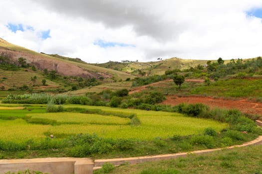 A landscape pictures of the country of Madagascar, with mountains and meadows