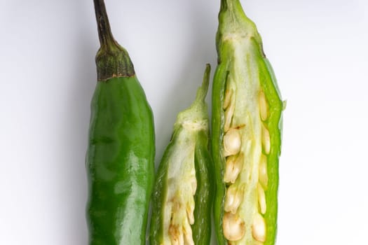 Green Bird’s eye chili,Thai Chili pepper ,bird chili pepper nature isolate on white background. Selective focus and crop fragment