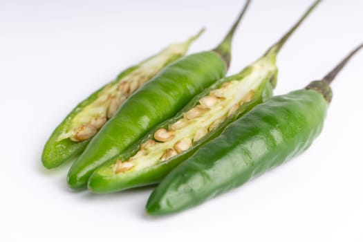 Green Bird’s eye chili,Thai Chili pepper ,bird chili pepper nature isolate on white background. Selective focus and crop fragment