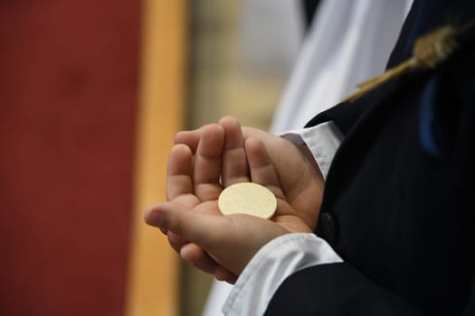 First 1st Holy Communion Host First Communion Church Sacrament Roman Catholic Reception White Sunday Child Boy Body of Jesus Eucharist Eucharistic Celebration Initiation Sacrament Communion Instruction