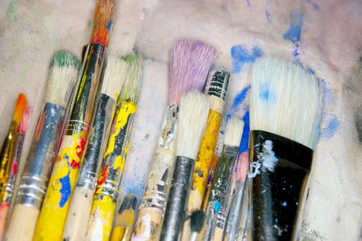 collection of various artists brushes in all sizes on a canvas background