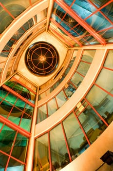 View from below of interior futuristic glass building