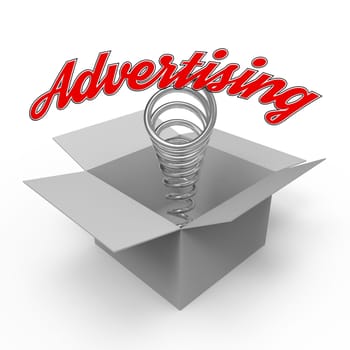 Three-dimensional cardboard box with pop-up caption 'Advertising'. Concept for advertising industry, marketing and mass media.
