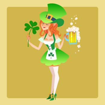 Girl elf green costume St. Patricks day with a beer and leaves of the Shamrock