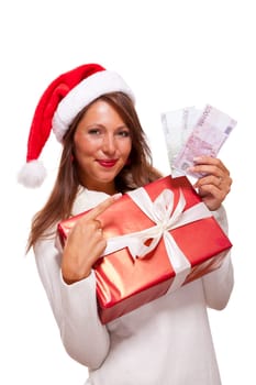 Beautiful young woman with Santa hat with a big red Christmas gift and cash final sale Isolated on white with text free space freeholder
