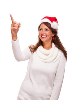 Young woman with Santa hat shows with her hands in the air on text-free presentation of seasonal products isolated on white background free-platers