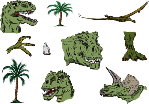 vector - color set of dino head, hand draw, isolated on background
