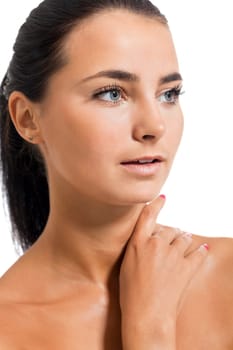 Close-up of a young woman girl with black hair beauty portrait isolated against white background