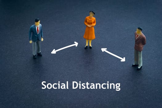 SOCIAL DISTANCING text with miniature people on dark background. Covid-19 or Coronavirus concept