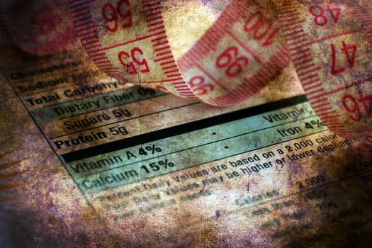 Nutrition facts and measure tape grunge concept