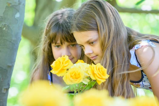Children examine beautiful yellow roses in the park
