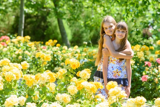 Two girls stand in a beautiful flower garden and hug each other