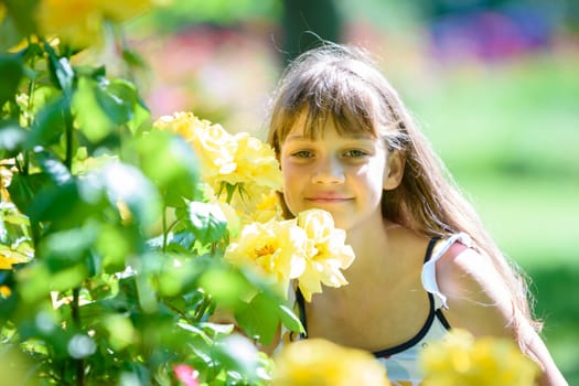 Girl in the park sniffs yellow roses on a sunny day