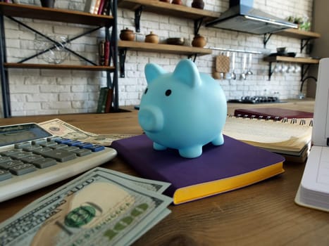 Home finances and savings concept. Blue piggy bank and cash.