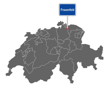 Landkarte der Schweiz mit Ortsschild von Frauenfeld