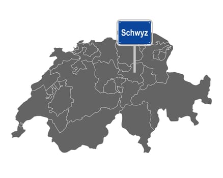Landkarte der Schweiz mit Ortsschild von Schwyz