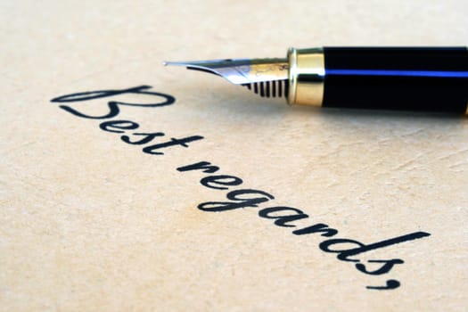 Close up of fountain pen on best regards