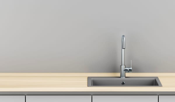 Modern kitchen with wood and gray colors, front view