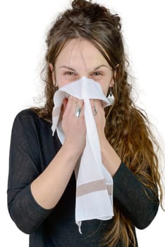 a young woman has a cold on the white background