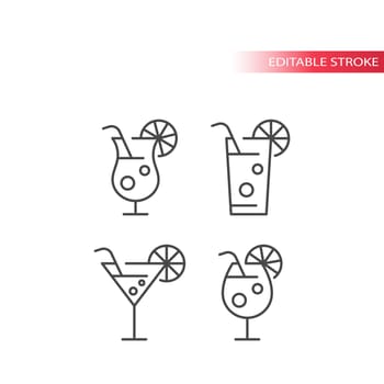 Cocktail drink glass with straw and lemon slice outline icons, editable stroke