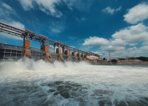 Hydropower Plant on the Nistru river in Dubasari (Dubossary), Transnistria, Moldova. Hydro power station, water dam, renewable electric energy source, industrial concept. Global environmental problems.