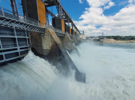 Hydropower Plant on the Nistru river in Dubasari (Dubossary), Transnistria, Moldova. Hydro power station, water dam, renewable electric energy source, industrial concept. Global environmental problems.